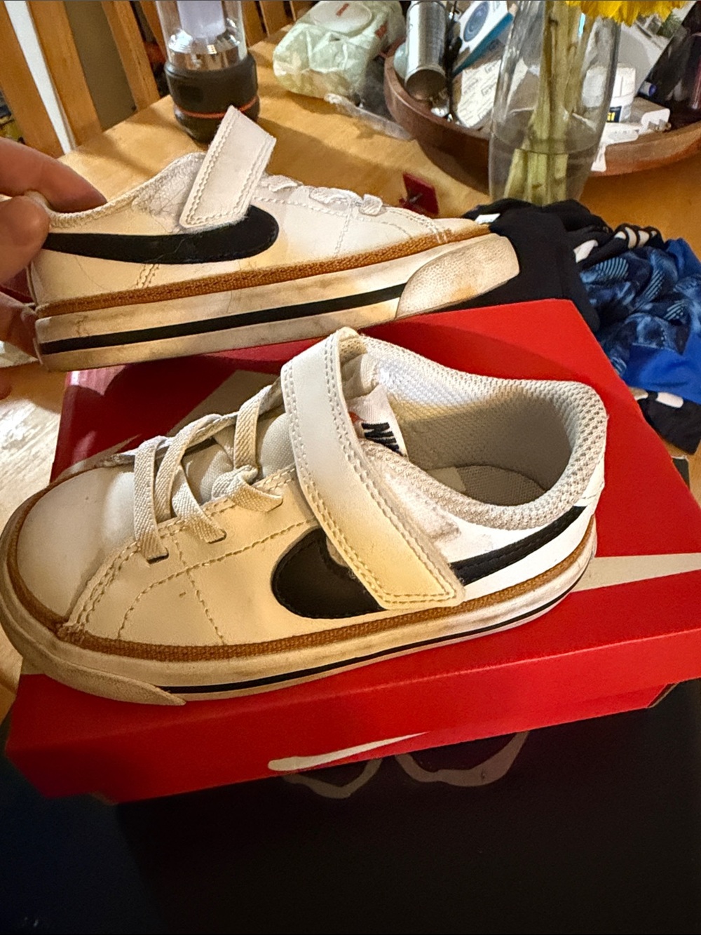 Nike Kids White & Black Velcro Sneakers with Brown Trim